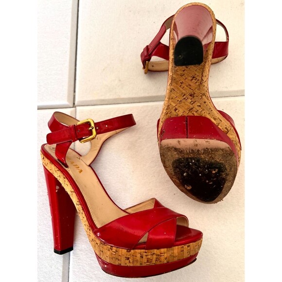 Prada Women's Shoes 6 Red Leather Peep Toe Ankle Strap Buckle Casual Sandal - Picture 4 of 10